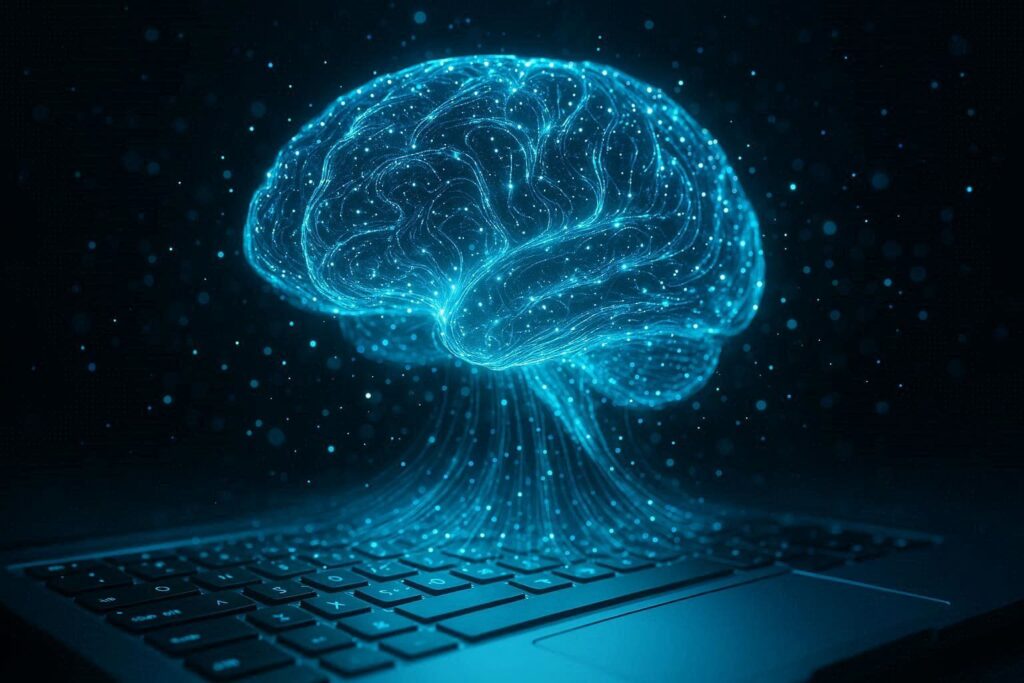 Fénylő gömb digitális mintázatokkal és neurális hálózat motívumokkal, az emberi kreativitás és az AI együttműködésének jelképe