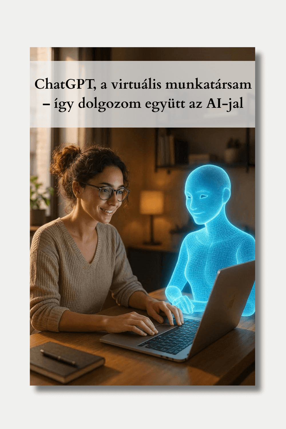 Női webdesigner dolgozik együtt egy mesterséges intelligencia asszisztenssel laptopon, barátságos és modern irodai környezetben